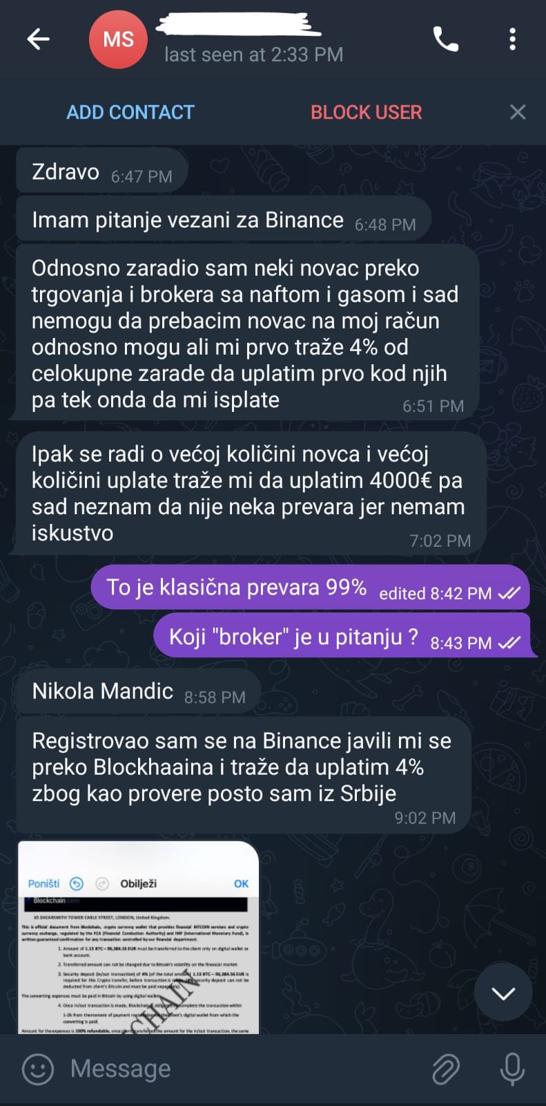 tekst telegram prepiske kao primera jedne prevare.