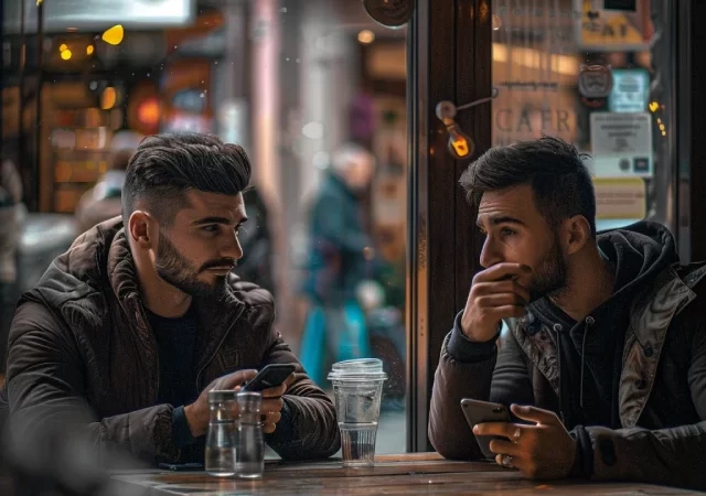 Buying or selling cryptocurrency by meeting in person (cash) Two people have met in a café to buy or sell cryptocurrency, namely Bitcoin