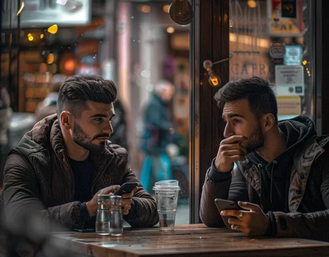 Buying or selling cryptocurrency by meeting in person (cash) Two people have met in a café to buy or sell cryptocurrency, namely Bitcoin